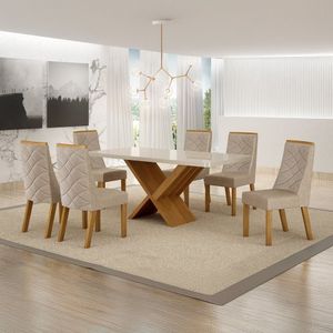 Conjunto Sala De Jantar Mesa 180cm Tampo De 4,0cm Com 6 Cadeiras Aurora Cinamomo/off White/bege Linho
