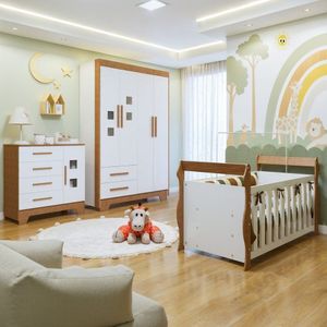 Quarto De Bebê Completo Com Guarda-roupa, Berço E Cômoda Sonho Branco-amadeirado