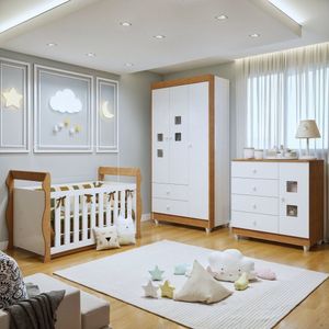 Quarto De Bebê Completo Com Guarda-roupa Berço E Cômoda Bibi Amadeirado-branco
