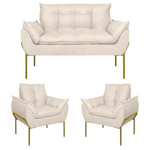 Kit 2 Poltronas + Namoradeira Pé Metal Dourado Recepção Sala Bege