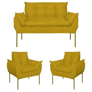 Kit 02 Poltronas + Namoradeira Reforçada Opala Metal Dourado Amarelo
