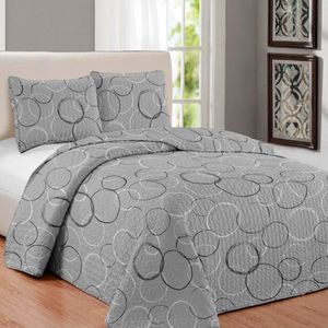 Kit Cobre Leito Margex Queen Microfibra Peletizada 100% Poliester Estampado Circulos 3 Peças Cinza
