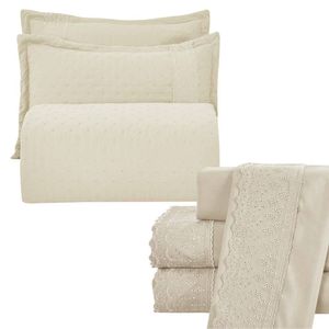 Kit Cobre Leito Queen + Jogo De Lençol Micropercal 300 Fios Com Bordado Inglês Santorini 7 Peças - Bege
