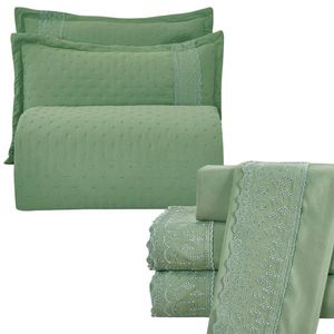 Kit Cobre Leito King + Jogo De Lençol Micropercal 300 Fios Com Bordado Inglês Santorini 7 Peças - Verde Militar