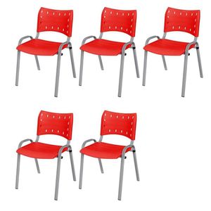 Cadeira Iso Base Cinza Escola, Escritório Vermelho Kit 5 Un