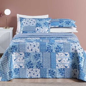 Kit Cobre Leito Colcha Dallas King Dupla Face Estampada 3 Peças - Azul Sereno Patchwork