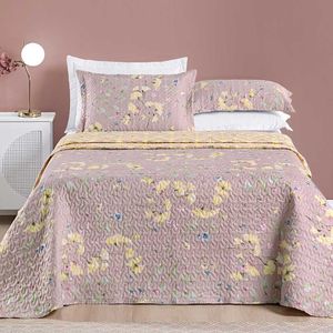 Kit Cobre Leito Colcha Dallas King Dupla Face Estampada 3 Peças - Rosê Lavanda Floral