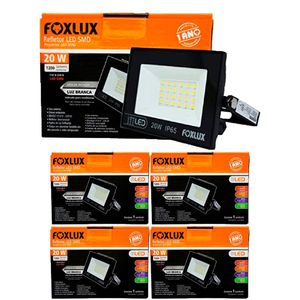 Kit 5 Refletor Led 20w 6500k Preto Bivolt Foxlux