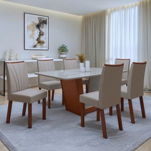 Conjunto Sala De Jantar Mesa 170x90cm Tampo Mdf-vidro Com 6 Cadeiras Apogeu Frassino-off White-naturale