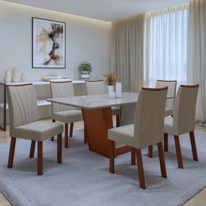 Conjunto Sala De Jantar Mesa Tampo De Vidro-mdf 6 Cadeiras Apogeu Frassino-off White-bege