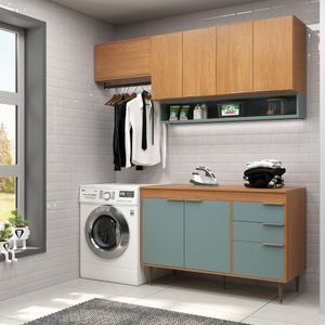 Lavanderia Modulada 3 Peças, Aéreo 120cm, Aéreo 80cm E Balcão 120cm Com Tampo Grey