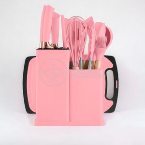 Jogo Completo De Cozinha Rosa - 19 Utensílios De Silicone E Madeira Com Tábua De Corte Incluso