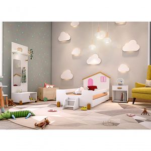 Cama Juvenil Belíssima Com Colchão Incluso – Solteiro Mdf Com Escada E Painel Casinha Rosa