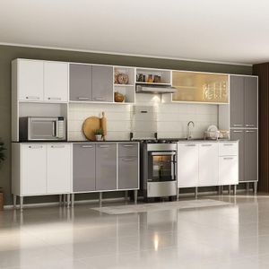 Armário De Cozinha Modulada Completa Compacta 399cm Com Balcão De Pia Multimóveis Mp2279 Branco/lacca Fumê