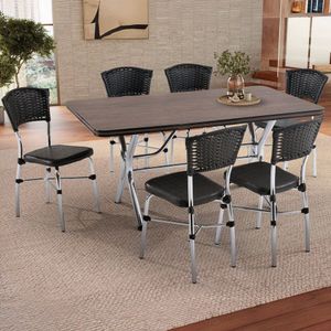 Conjunto Sala De Jantar Suíça 160cm X 900cm Cromado/amadeirado Escuro/preto