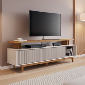 Rack Para Tv Até 75 Polegadas Com Pés De Madeira E Porta Basculante Off White/freijó Trend