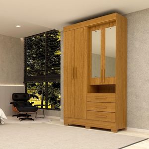 Guarda-Roupa Casal Bolívia 4 Portas Com Espelho E 3 Gavetas 100% Mdf Linha Mobília Cinamomo