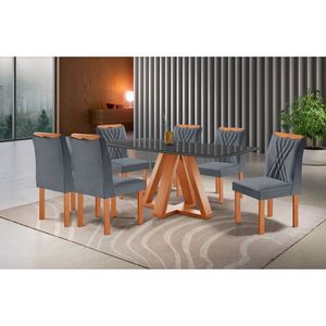 Mesa Madri 6 Cadeiras Lisboa Tampo Vidro 170x90cm Cel Móveis Cinamomo E Grafite