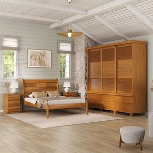 Conjunto Dormitório Guarda-roupa, Cama King Veneziana E 2 Mesas De Cabeceira Dubai Mogno Mel