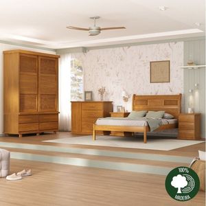 Conjunto Cama Veneziana, 2 Mesas De Cabeceiras Dubai, Cômoda Sapateira E Guarda-roupa Veneziana Mogno Mel