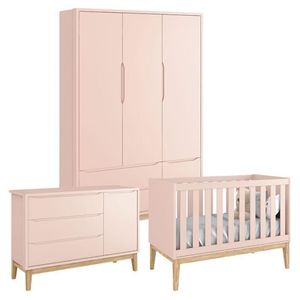 Quarto De Bebê Classic 3 Portas Rosa Com Pés Madeira Natural ? Reller