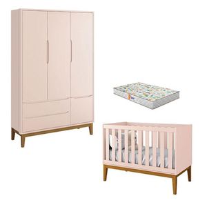 Berço Americano E Guarda Roupa 3 Portas New Classic Rosa Com Pés Madeira E Colchão Gazin ? Reller