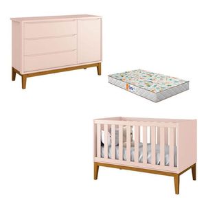 Berço Americano E Cômoda New Classic Rosa Com Pés Madeira E Colchão Gazin ? Reller