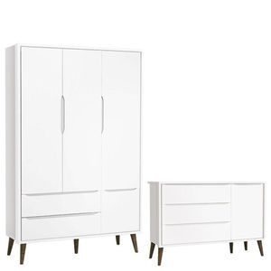 Cômoda Infantil Com Porta E Guarda Roupa 3 Portas Theo Branco Acetinado Com Pés Amadeirado ? Reller