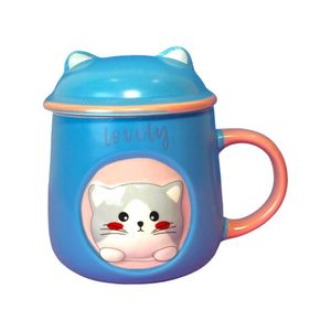 Caneca 3d Gatinho Azul Com Tampa E Colher - Elegância E Charme Para Seu Dia A Dia