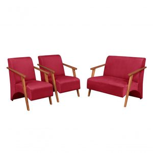 Conjunto Venus Braços Em Madeira Maciça 1 Namoradeira 2 Poltronas Suede Unidecor Vermelho