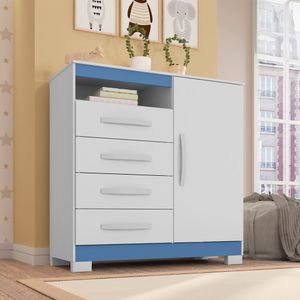 Cômoda Sapateira 1 Porta 4 Gavetas Modena Branco Tx Flex Detalhe Azul - Combo Stock
