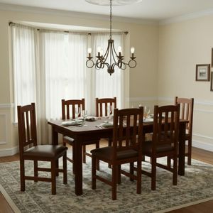 Conjunto Mesa Com 6 Cadeira Estofada Madeira Maciça - Castanho Com Estofado Marrom