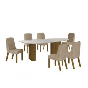 Conjunto Sala De Jantar Mesa Orgânica Com Vidro 200cm Com 6 Cadeiras Pé Madeira Isis