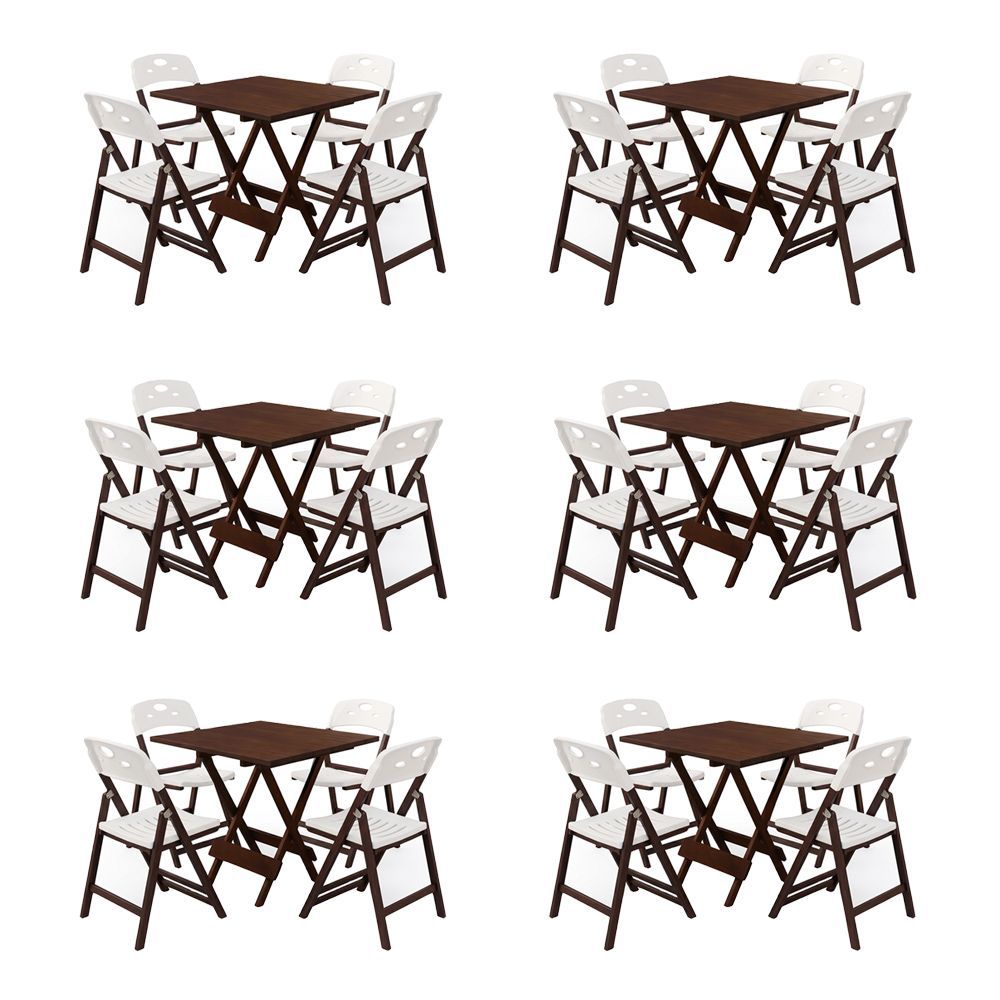 Kit 6 Conjuntos Mesa Dobrável Elegance 4 Lugares Tampo MDF 6 Ripas com Cadeiras Polipropileno Imbuia 70CM Mega Madeira