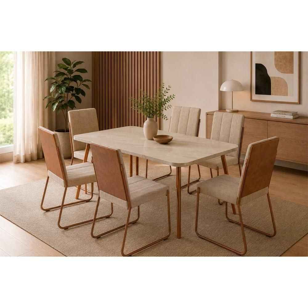 Conjunto de Jantar Stellar 6 Lugares Tampo em MDF com Cadeiras Estofadas Rosê 160CM Móveis Carraro