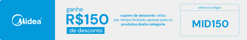 Banner com logo da Midea à esquerda, texto “ganhe R$150 de desconto”, cupom MID150 à direita em destaque e instruções sobre a validade da promoção