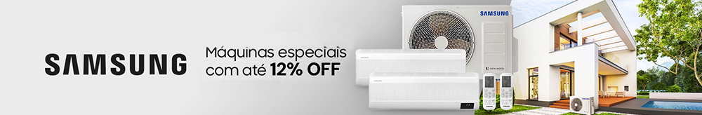 Imagem de banner promocional de Ar Condicionado Samsung com até 12% de desconto na Webcontinental, destacando ambiente residencial moderno
