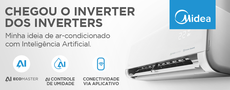 Banner com o texto “Chegou o Inverter dos Inverters”, mostrando app no celular e Ar Condicionado Midea com IA e tecnologia Ecomaster