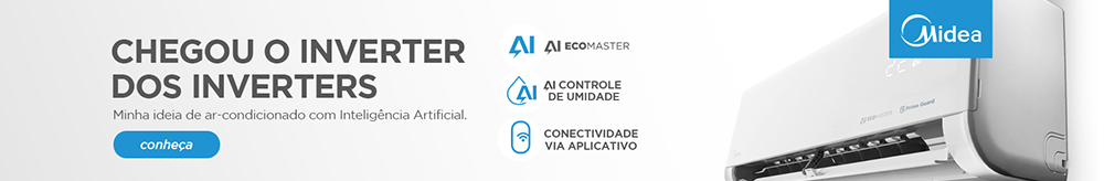 Imagem de ar condicionado Inverter com tecnologia AI Ecomaster, controle de umidade e conectividade via aplicativo, destacando uso de Inteligência Artificial para climatização eficiente