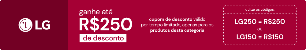 Imagem promocional com cupom ar-condicionado LG de até R$250 de desconto. Use LG250 ou LG150 e economize agora!